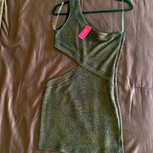 Sparkly copper dress with half shoulder!